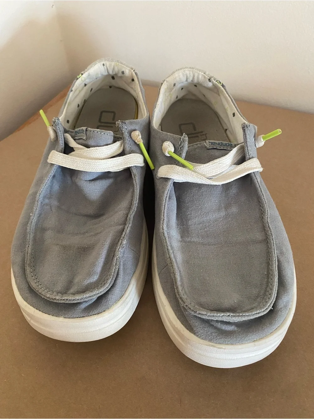 Hey Dude Wendy Rise size 5, chambray abyss blue platform shoes grey, lime green